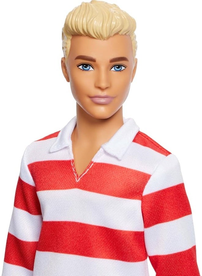 Barbie Fashionistas Ken Doll #241 with Blonde Hair Wearing Red and White Striped Polo Shirt with Pink Shorts, White Crew Socks and Sneakers - Image 3