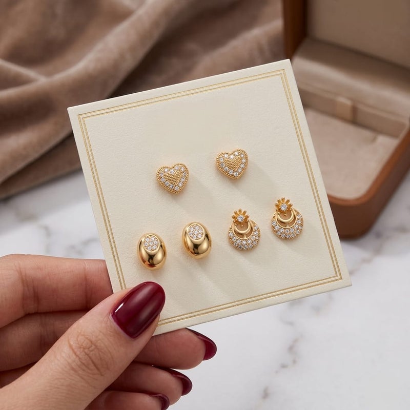 A set of 3 pairs of screw earrings in heart, oval, and crescent shapes, adorned with sparkling zircon stones. A sophisticated design that offers versatility and elegance for everyday wear. - Image 5