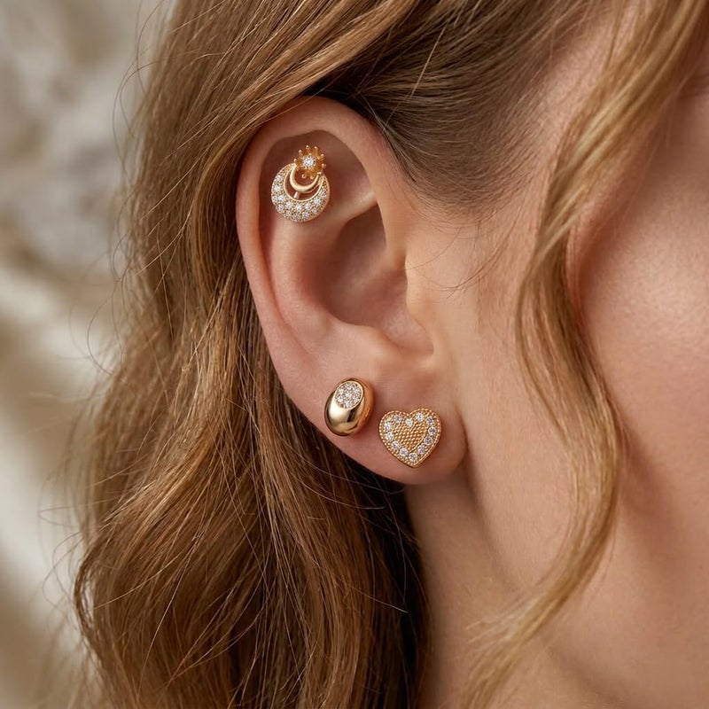 A set of 3 pairs of screw earrings in heart, oval, and crescent shapes, adorned with sparkling zircon stones. A sophisticated design that offers versatility and elegance for everyday wear. - Image 3