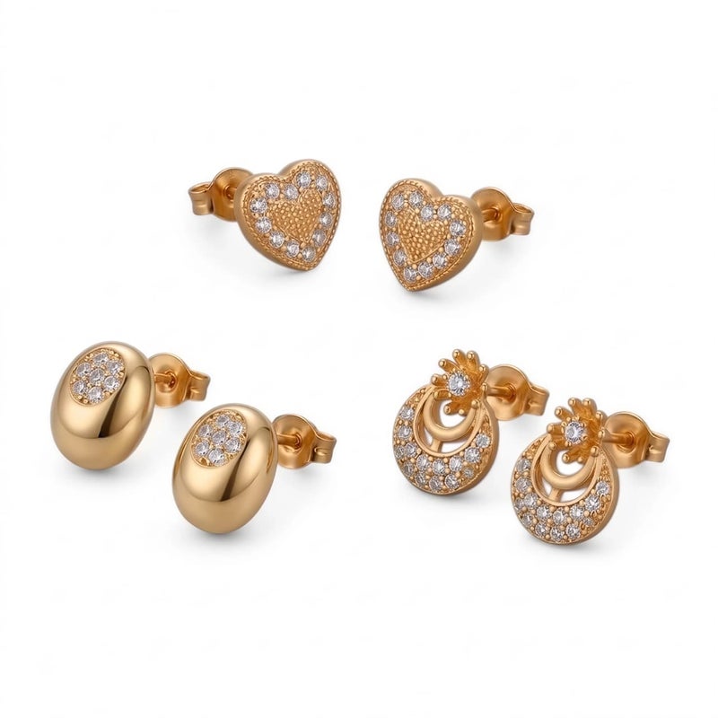 A set of 3 pairs of screw earrings in heart, oval, and crescent shapes, adorned with sparkling zircon stones. A sophisticated design that offers versatility and elegance for everyday wear. - Image 2