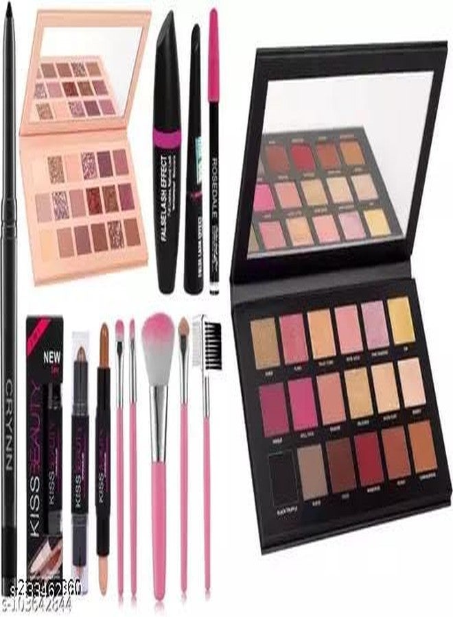Makeup Eyeshadow palette Nude and Rose gold 18 Shades (Multi Color)+ Brushes pack of 7+Contour Highlighter 3 in 1 Eyeliner and Kajal and 3in 1 mascara set +Multicolor beauty blendor (9 Items in set) - Image 1