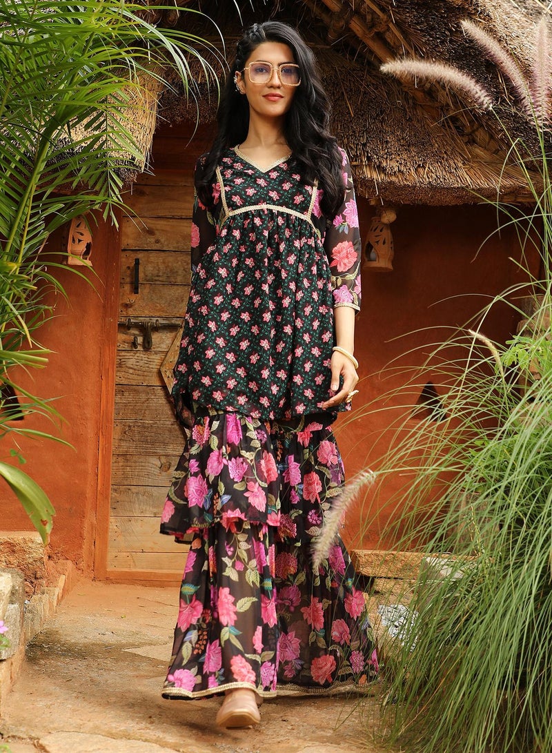 Qissa Women's Midnight Black Floral Kurti And Sharara Set For Casual Wear | V-Neck | Quarter Sleeve | 3 Piece Kurta Set Designed With Comfort Fit For Everyday Ethnic Wear - Image 3