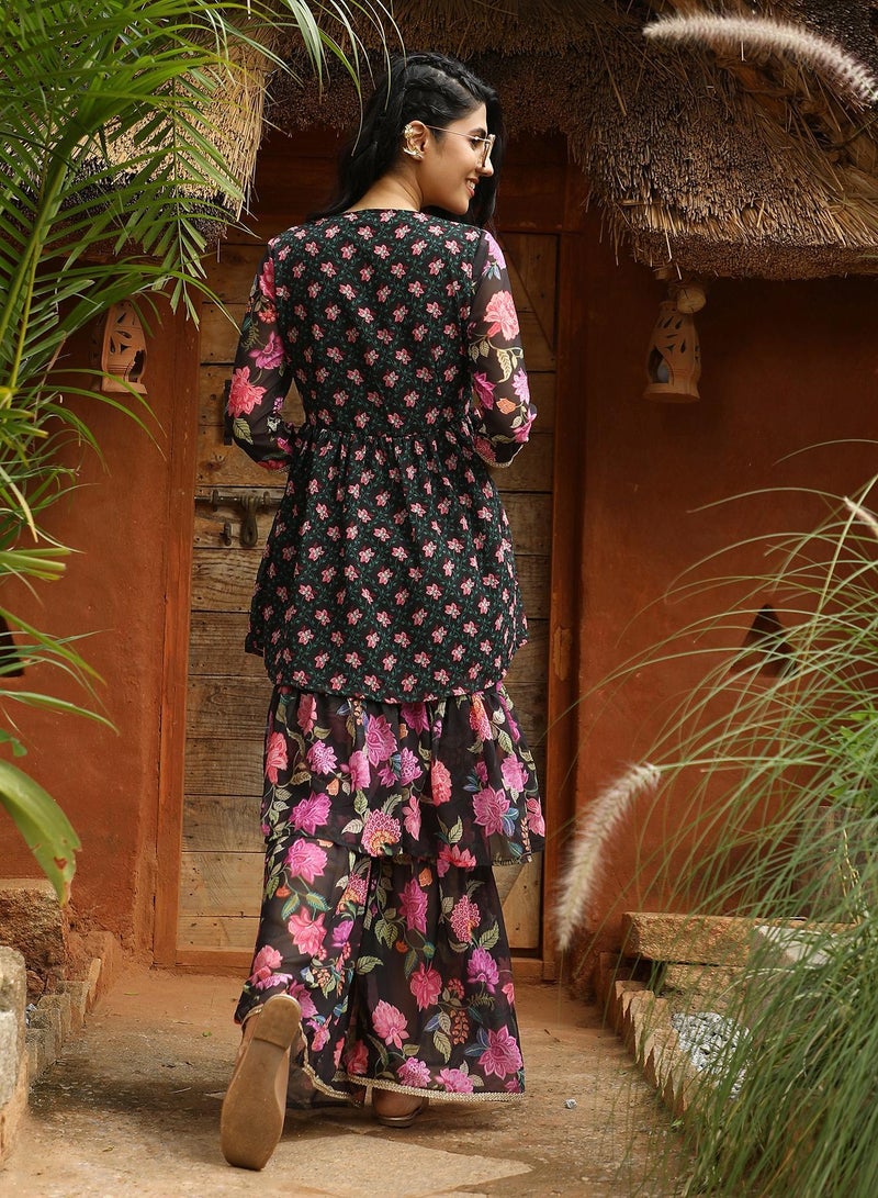 Qissa Women's Midnight Black Floral Kurti And Sharara Set For Casual Wear | V-Neck | Quarter Sleeve | 3 Piece Kurta Set Designed With Comfort Fit For Everyday Ethnic Wear - Image 5