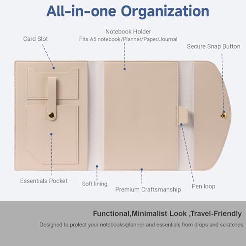 Aulmscn A5 Planner Cover,Leather Journal Cover with Pen Holder,Card Slots,Secure Button,Notebook Cover (8.6x6.8in) for Business Cards,Journal, Planner Accessories(Beige) - Image 3