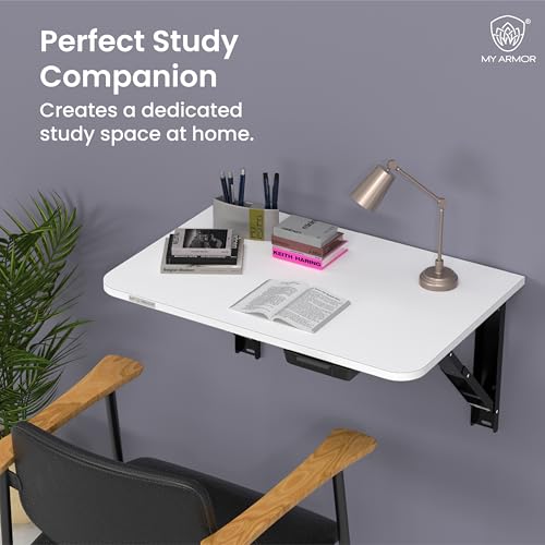 MY ARMOR Wall Mounted Round Corner Folding Wall Study Table with Drawer | Wall Mount Table of Wood | Foldable Laptop Desk for Home and Office Computer - White- 24 x16 Inches - Image 2