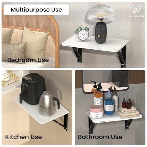 MY ARMOR Wall Mounted Round Corner Folding Wall Study Table with Drawer | Wall Mount Table of Wood | Foldable Laptop Desk for Home and Office Computer - White- 24 x16 Inches - Image 5