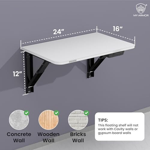 MY ARMOR Wall Mounted Round Corner Folding Wall Study Table with Drawer | Wall Mount Table of Wood | Foldable Laptop Desk for Home and Office Computer - White- 24 x16 Inches - Image 4