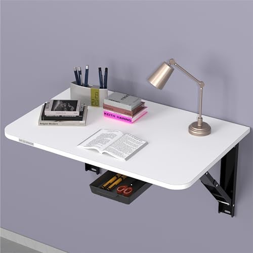 MY ARMOR Wall Mounted Round Corner Folding Wall Study Table with Drawer | Wall Mount Table of Wood | Foldable Laptop Desk for Home and Office Computer - White- 24 x16 Inches - Image 1