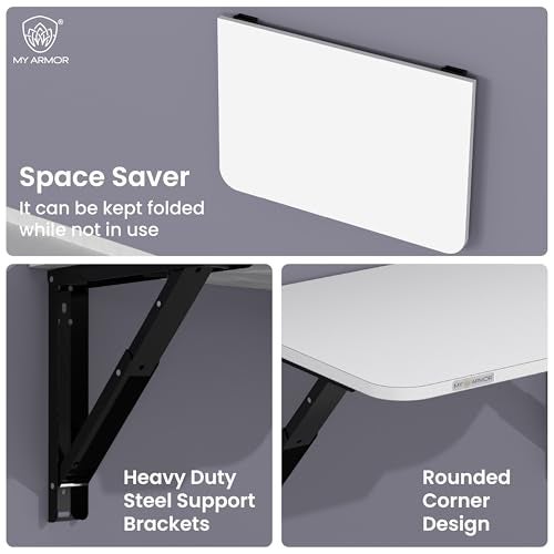 MY ARMOR Wall Mounted Round Corner Folding Wall Study Table with Drawer | Wall Mount Table of Wood | Foldable Laptop Desk for Home and Office Computer - White- 24 x16 Inches - Image 3