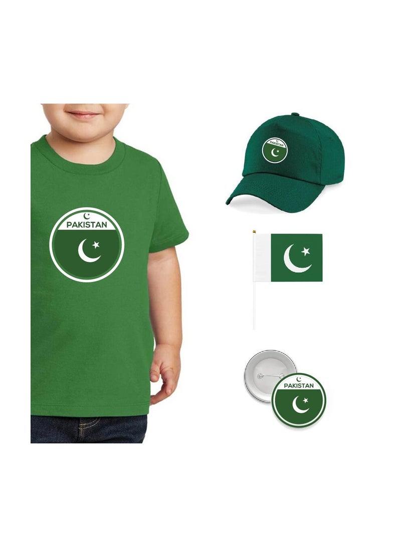 Pakistan Independence Day T Shirt for Boys, Cap, Badge, Flag Set Celebrate Pakistan Independence Day with this Kids Combo Pack in Style - Image 1