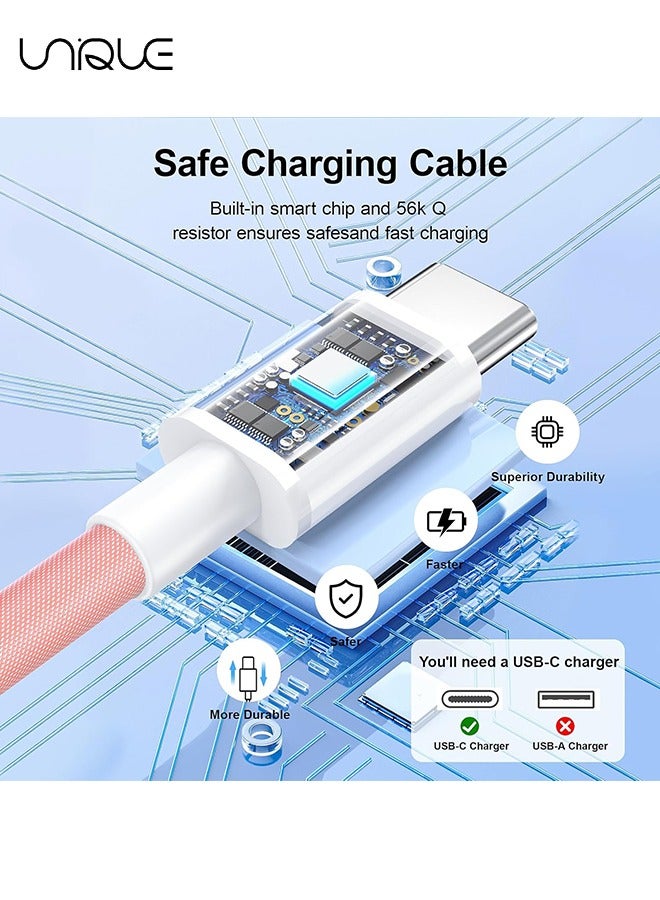يونيك كابل شحن بطول 2 متر - كابل شاحن من النوع C مضفر بطول 60 واط للشحن السريع - كابل شاحن USB C إلى USB C لسلسلة iPhone 16 / Samsung / MacBook / Google / Android / كابل شاحن هاتف كمبيوتر محمول - وردي - Image 2