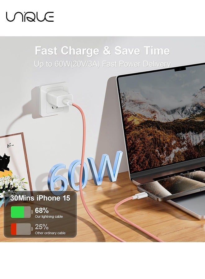 يونيك كابل شحن بطول 2 متر - كابل شاحن من النوع C مضفر بطول 60 واط للشحن السريع - كابل شاحن USB C إلى USB C لسلسلة iPhone 16 / Samsung / MacBook / Google / Android / كابل شاحن هاتف كمبيوتر محمول - وردي - Image 4