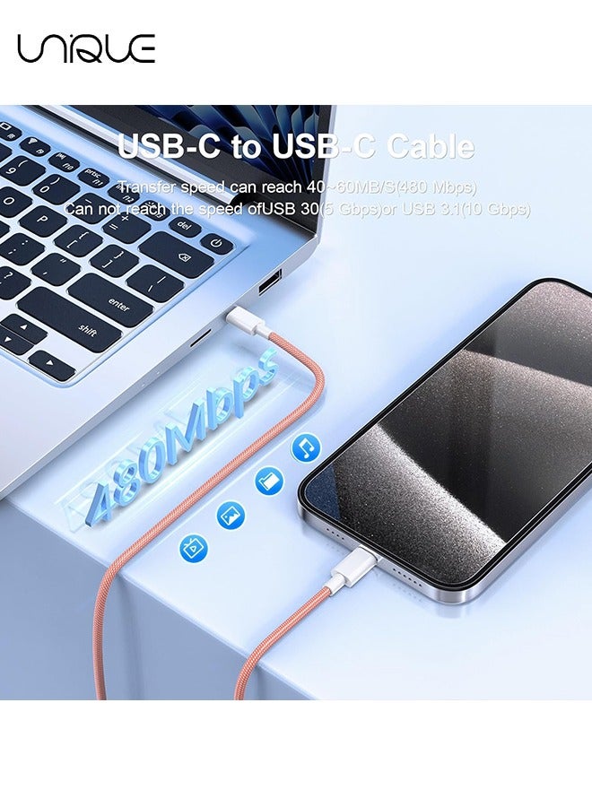 يونيك كابل شحن بطول 2 متر - كابل شاحن من النوع C مضفر بطول 60 واط للشحن السريع - كابل شاحن USB C إلى USB C لسلسلة iPhone 16 / Samsung / MacBook / Google / Android / كابل شاحن هاتف كمبيوتر محمول - وردي - Image 5