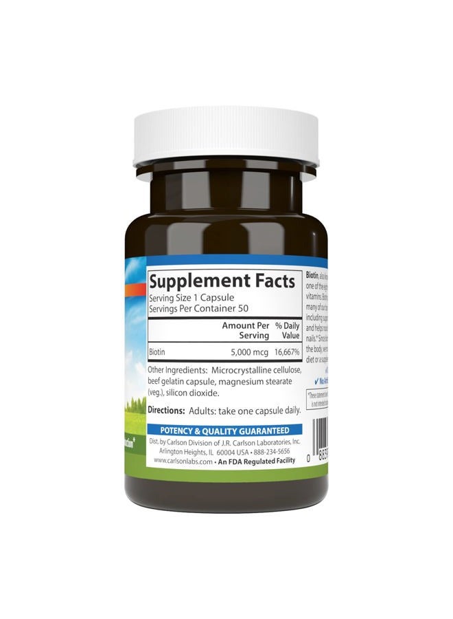 Carlson Biotin, 5000 mcg, Healthy Hair, Strong Nails & Energy Production, 50 Capsules - Image 2