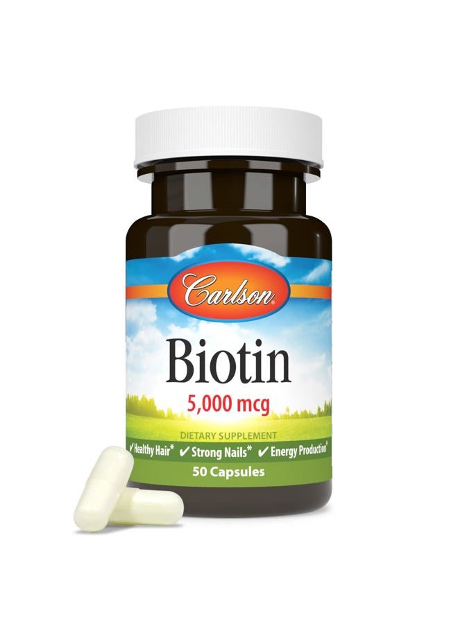 Carlson Biotin, 5000 mcg, Healthy Hair, Strong Nails & Energy Production, 50 Capsules - Image 5