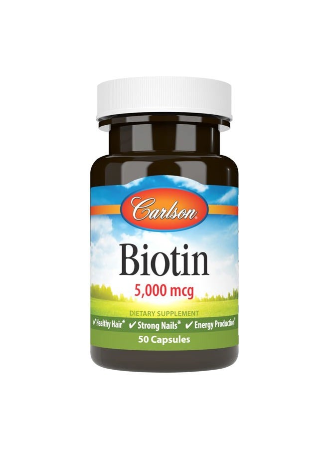 Carlson Biotin, 5000 mcg, Healthy Hair, Strong Nails & Energy Production, 50 Capsules - Image 1