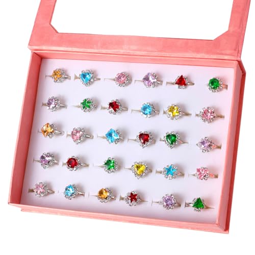 PinkSheep Jewel Rings for Kids 24pc Adjustable No duplication Girl Pretend Play and Dress Up Rings - Image 1