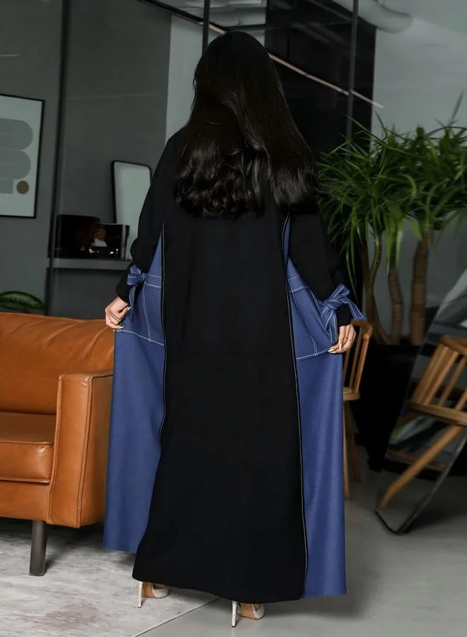 تايك تو عباية بأكمام طويلة وتفاصيل بانل - أزرق