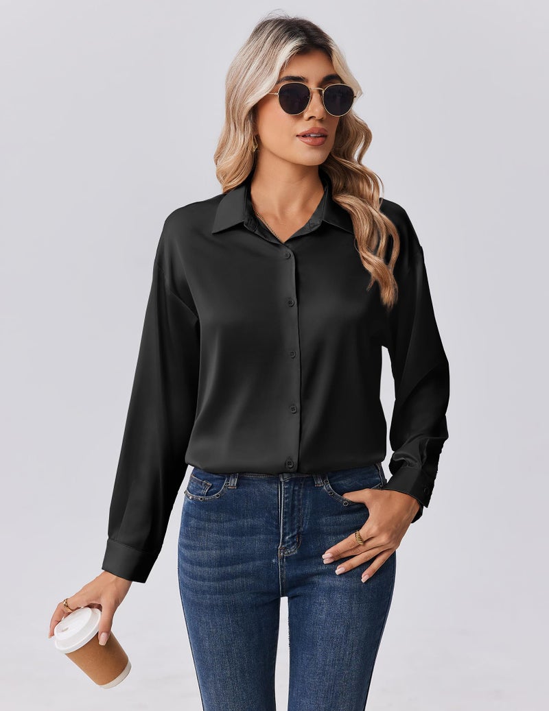Zeagoo Satin Blouse Black Long Sleeve Shirts Silk Button Down Clothes Business Work Tops - Image 2