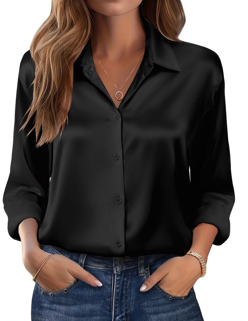 Zeagoo Satin Blouse Black Long Sleeve Shirts Silk Button Down Clothes Business Work Tops - Image 1