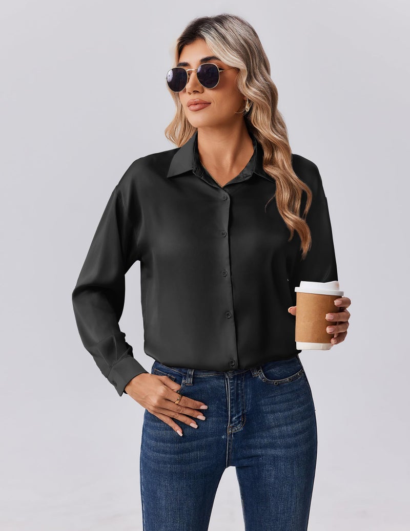 Zeagoo Satin Blouse Black Long Sleeve Shirts Silk Button Down Clothes Business Work Tops - Image 5