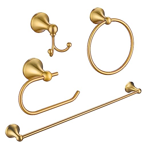 FROPO 4 Pcs Gold Bathroom Hardware Set - Brushed Brass Gold Bathroom Accessories Kit, Stainless Steel Wall Mounted 23.6 Inch Towel Bar | Towel Hook | Toilet Paper Holder | Hand Towel Holder - Image 1