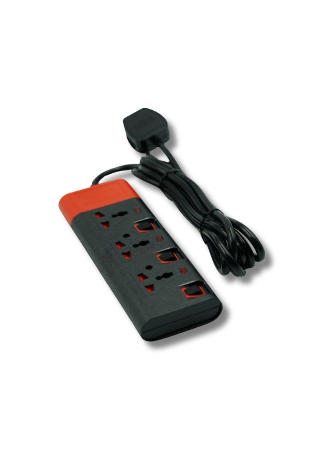 Power Strip Extension Board with 3 Universal Sockets, 3 M Heavy Duty Cable, Individual Switches for Each Socket, Safety Earthing Protection, Multi Plug Extension for Home & Office, AX183 (Black & Red)