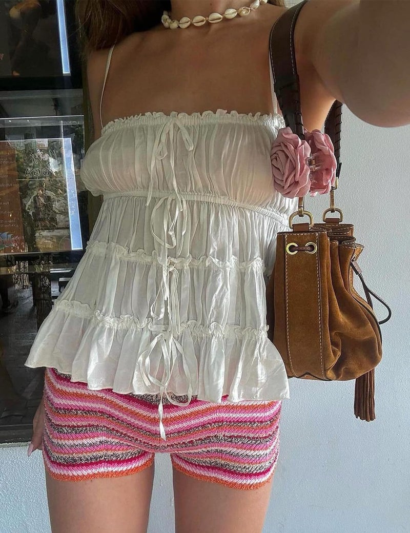 VDWIP Womenâ€™s Y2K Striped Knit Shorts High Waisted Short Lounge Summer Elastic Rainbow Color Block Sweater Shorts(Pink-S) - Image 2