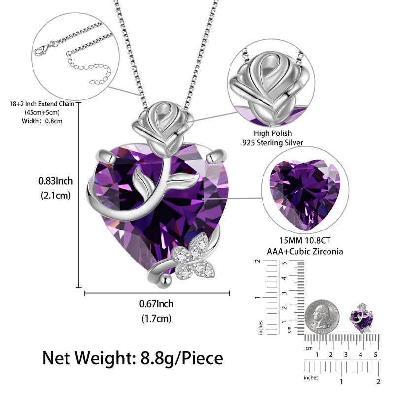 Juwaliy 15MM Women Rose Heart Necklace February Birthstone 925 Sterling Silver Butterfly Flower Pendant Purple Amethyst Jewelry Mother Valentine's Day Gift - Image 2