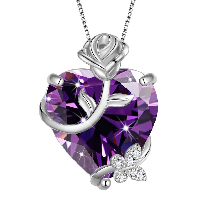 Juwaliy 15MM Women Rose Heart Necklace February Birthstone 925 Sterling Silver Butterfly Flower Pendant Purple Amethyst Jewelry Mother Valentine's Day Gift - Image 1