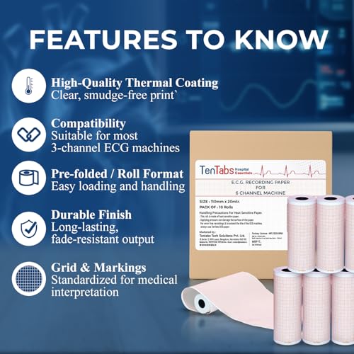 TenTabs 6 Channel ECG Paper Roll (Size: 110mm X 20mm) | 600G Thermal ECG Graph Paper Roll | Suitable for Contec CMS 600G / Bionet 6 Channel ECG Machine/Mortara ELI 230 (PACK OF 6 ROLLS) - Image 3
