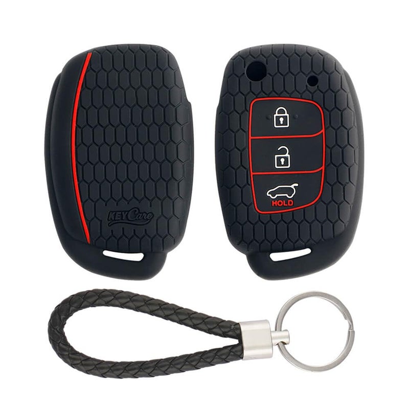 keyzone Keycare Silicone Key Cover for Venue, Creta, Aura, Elite I20, Active I20, Xcent 3 Button Flip Key (Kc10 Back with Kc Miniblack) - Image 1