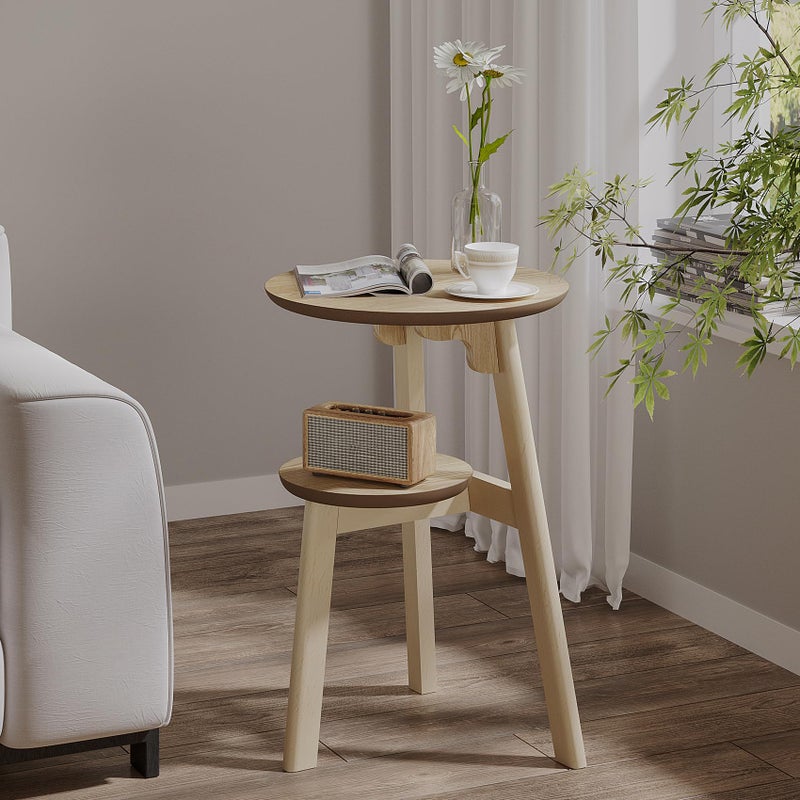 ChooChoo Round End Table for Small Spaces Narrow Side Table Accent Table Night Stand with 2 Tier Shelf for Bedroom and Living Room Natural