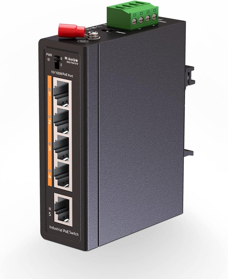MokerLink محول الصناعي ذو 5 منافذ PoE للسكك الحديدية DIN، 4 منافذ PoE+ IEEE802.3af/at، وصلة تصعيد واحدة، إيثرنت سريع 10/100 ميجابت في الثانية، تركيب على سكة DIN معدنية أو الحائط - Image 1