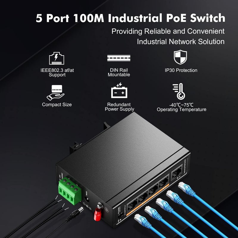MokerLink محول الصناعي ذو 5 منافذ PoE للسكك الحديدية DIN، 4 منافذ PoE+ IEEE802.3af/at، وصلة تصعيد واحدة، إيثرنت سريع 10/100 ميجابت في الثانية، تركيب على سكة DIN معدنية أو الحائط - Image 2