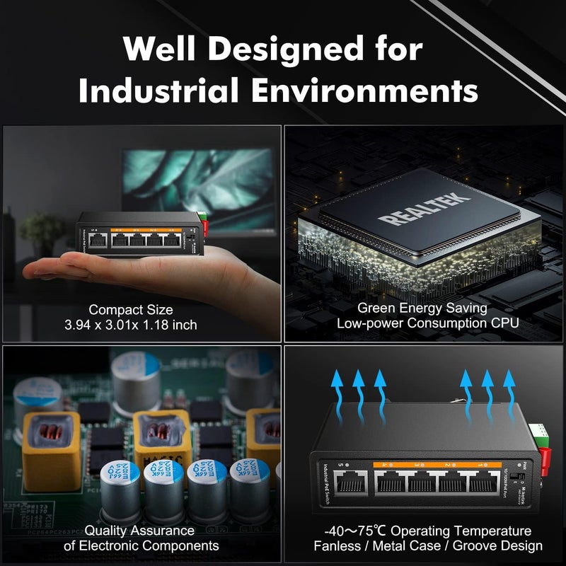 MokerLink محول الصناعي ذو 5 منافذ PoE للسكك الحديدية DIN، 4 منافذ PoE+ IEEE802.3af/at، وصلة تصعيد واحدة، إيثرنت سريع 10/100 ميجابت في الثانية، تركيب على سكة DIN معدنية أو الحائط - Image 5