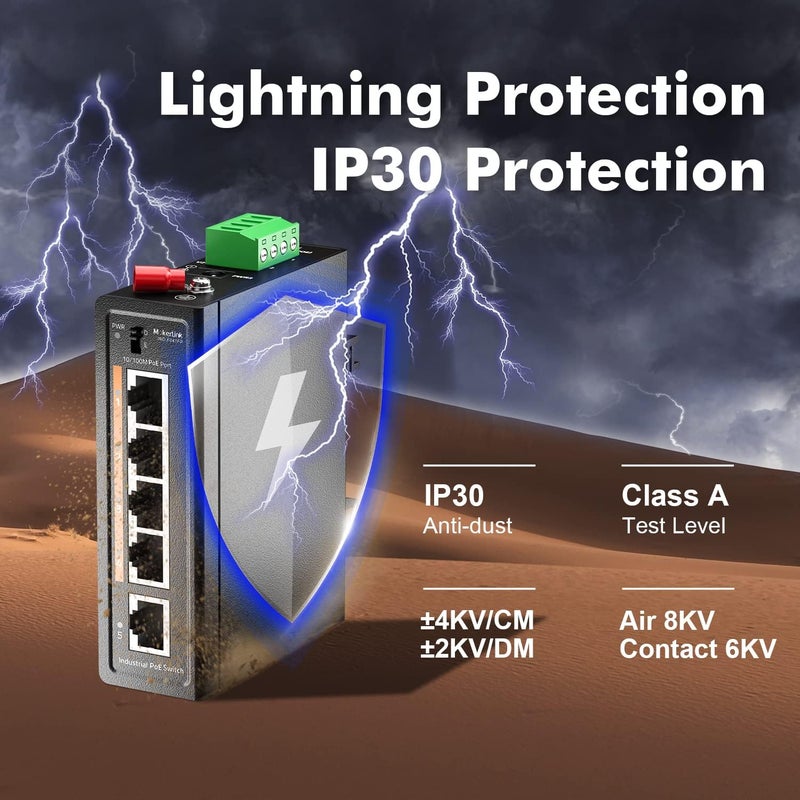 MokerLink محول الصناعي ذو 5 منافذ PoE للسكك الحديدية DIN، 4 منافذ PoE+ IEEE802.3af/at، وصلة تصعيد واحدة، إيثرنت سريع 10/100 ميجابت في الثانية، تركيب على سكة DIN معدنية أو الحائط - Image 4