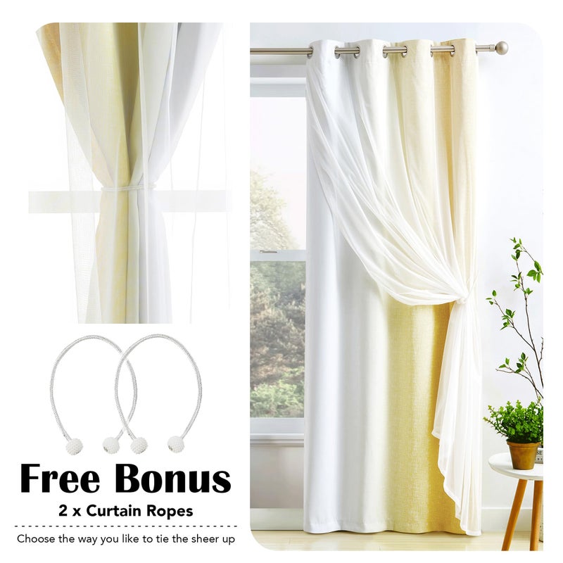 Geomoroccan 100% Blackout Curtains with Sheer Overlay Mix and Match Double Layer Drapes 54 Inch Length 2 Panels for Bedroom Living Room Yellow White Ombre Grommet Window Treatment with Tiebacks - Image 5