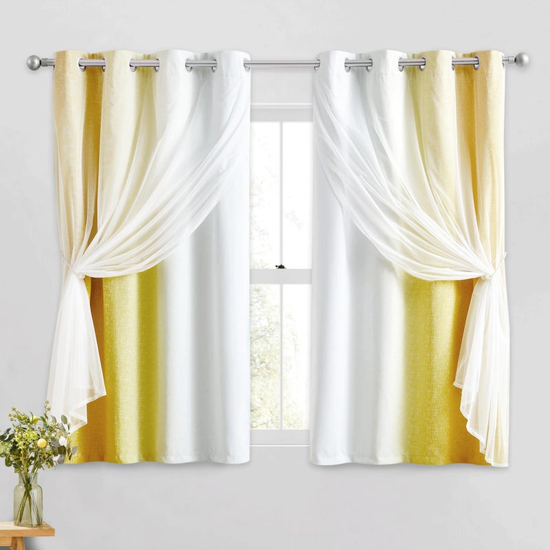 Geomoroccan 100% Blackout Curtains with Sheer Overlay Mix and Match Double Layer Drapes 54 Inch Length 2 Panels for Bedroom Living Room Yellow White Ombre Grommet Window Treatment with Tiebacks - Image 1