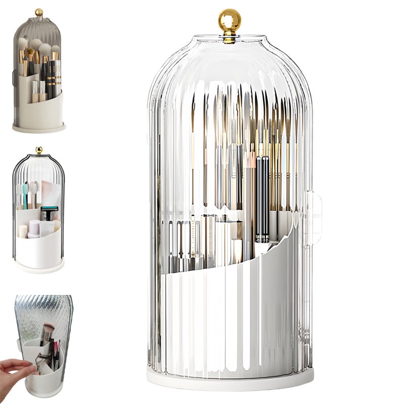 BUENLY Concealed Toothbrush Holder, Rotating Bathroom Organizer Countertop, Toothbrush Holders with Cover, Bathroom Counter Organizer with Covered Makeup Brush Holder (1pcs White) - Image 1