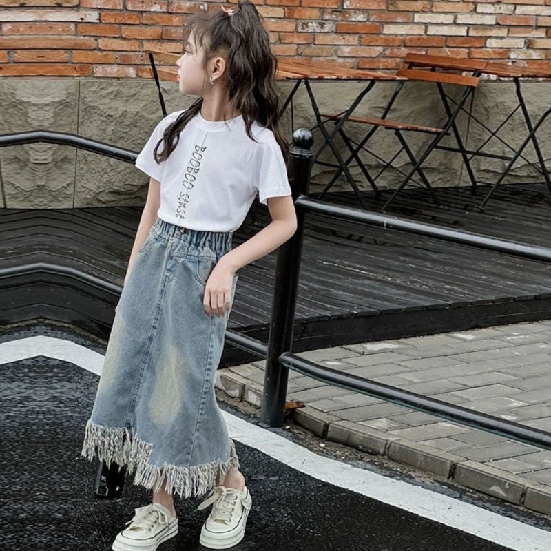 Girls Denim Skirt Summer Suit Medium And Large Children Korean Style Casual Style - Image 4