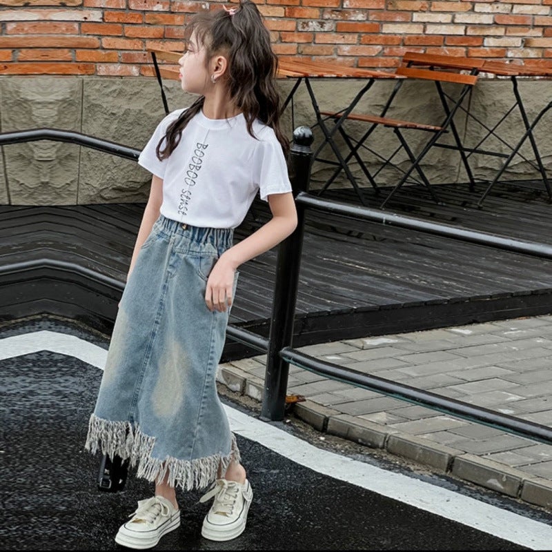 Girls Denim Skirt Summer Suit Medium And Large Children Korean Style Casual Style - Image 2