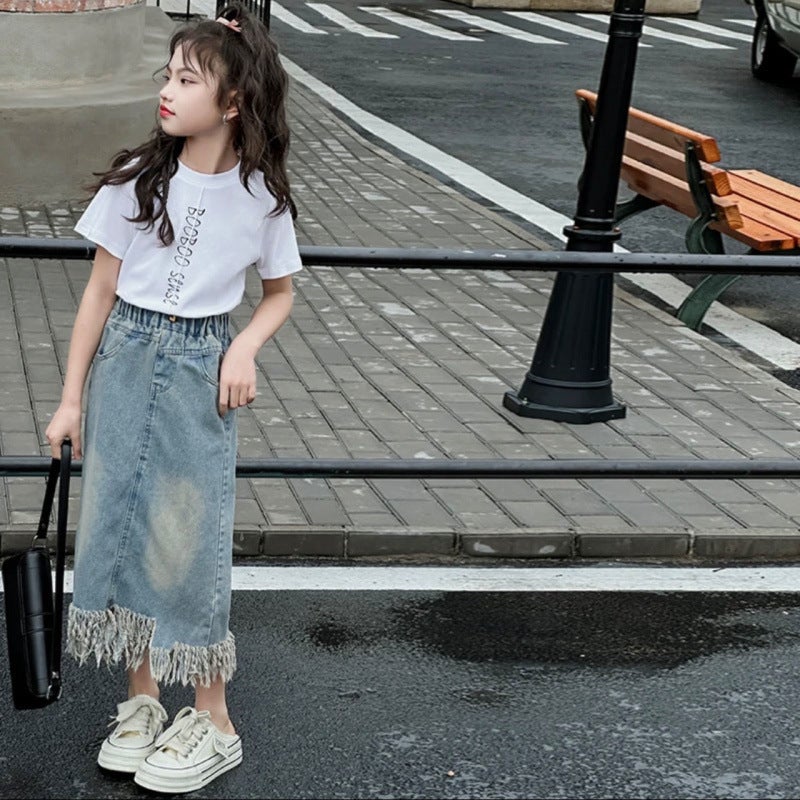 Girls Denim Skirt Summer Suit Medium And Large Children Korean Style Casual Style - Image 5