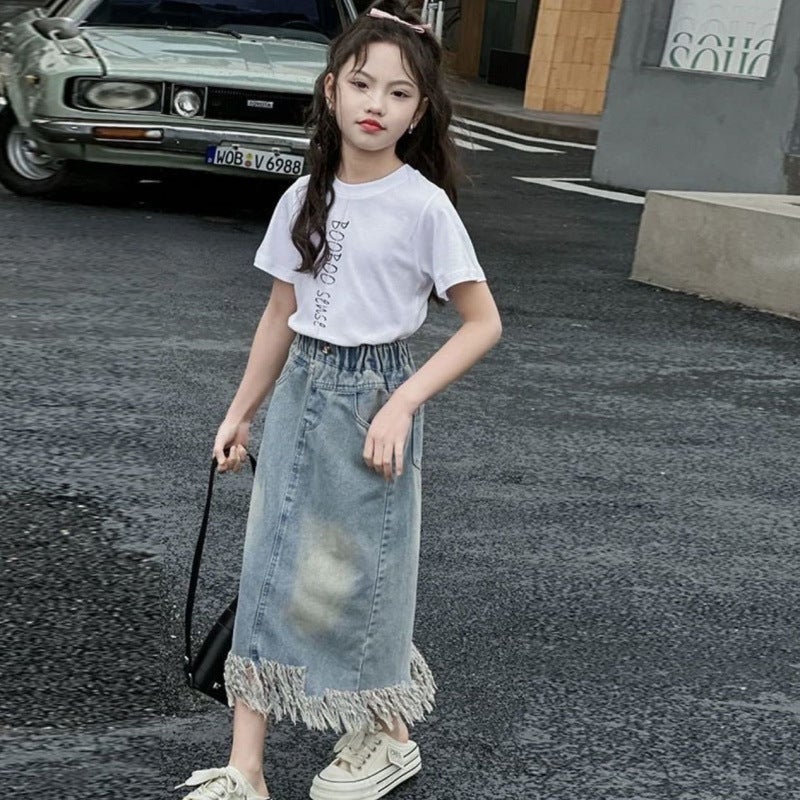 Girls Denim Skirt Summer Suit Medium And Large Children Korean Style Casual Style - Image 1