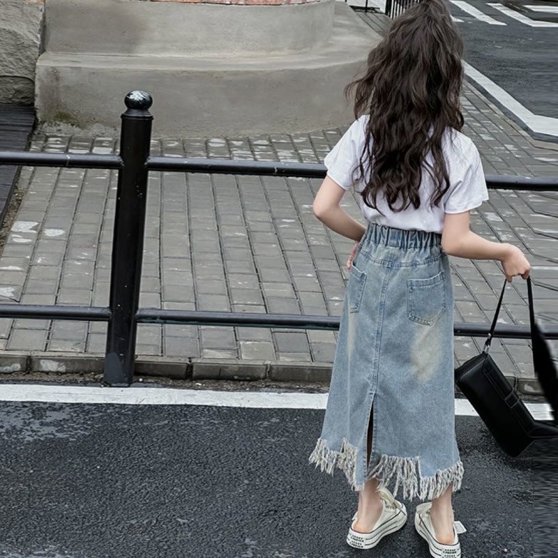 Girls Denim Skirt Summer Suit Medium And Large Children Korean Style Casual Style - Image 3