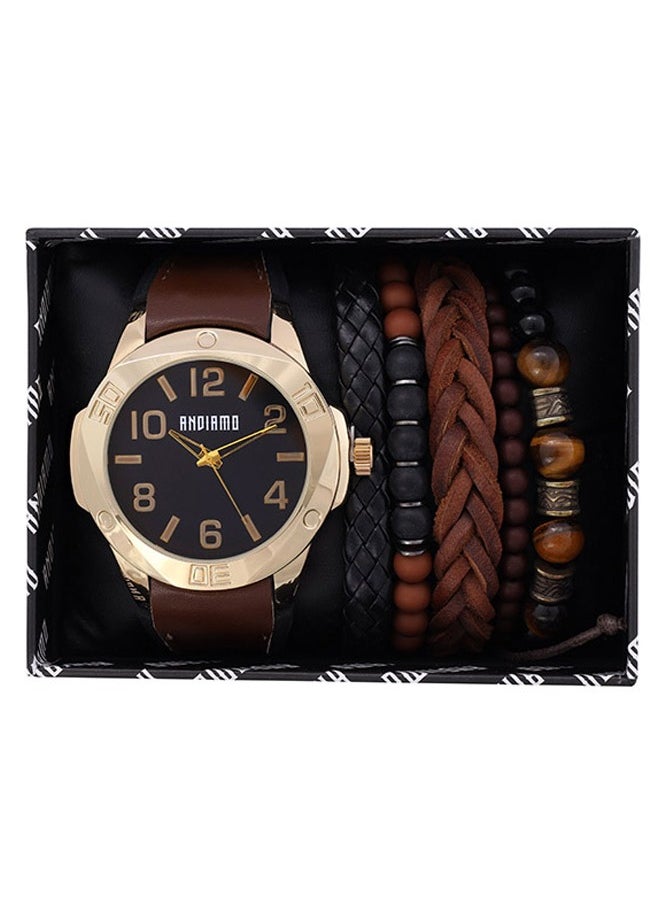 ANDIAMO Men's Analog Gold Case Brown Leather Strap Set Watch 