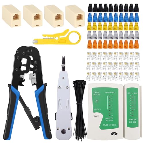 FEDUS RJ45 Crimping Tool Kit, Crimping Tool rj45 for Cat6A Cat5E Cat5 RJ45, 50PCS rj45 Connector & Boot Covers, Network lan Tester, Cut and Strip Tool, 25 Cable Ties Punch Down Tool,5Pcs RJ45 coupler - Image 1