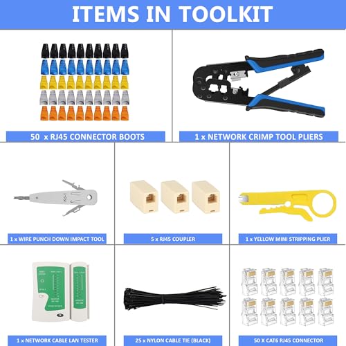 FEDUS RJ45 Crimping Tool Kit, Crimping Tool rj45 for Cat6A Cat5E Cat5 RJ45, 50PCS rj45 Connector & Boot Covers, Network lan Tester, Cut and Strip Tool, 25 Cable Ties Punch Down Tool,5Pcs RJ45 coupler - Image 2