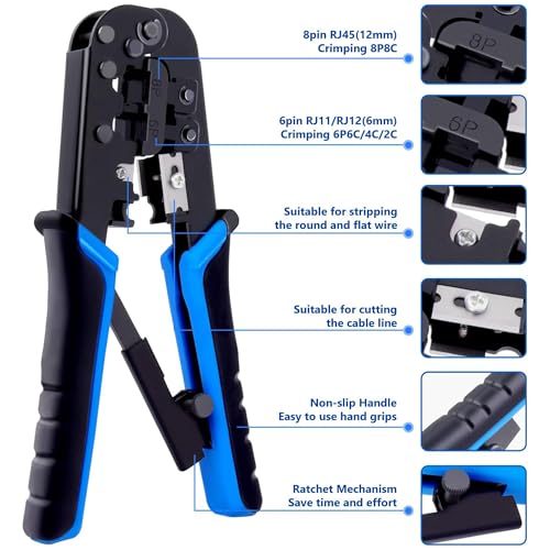 FEDUS RJ45 Crimping Tool Kit, Crimping Tool rj45 for Cat6A Cat5E Cat5 RJ45, 50PCS rj45 Connector & Boot Covers, Network lan Tester, Cut and Strip Tool, 25 Cable Ties Punch Down Tool,5Pcs RJ45 coupler - Image 4