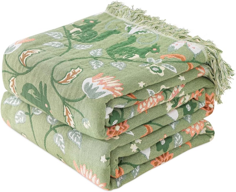 LUTBM Boho Throw Blanket for Bed 100% Cotton Soft Breathable Quilt Room Decor Spring Bed Blankets,Floral Garden Embroidery All Season Green Reversible Blankets for Sofa Couch Chair 90"x98" - Image 1